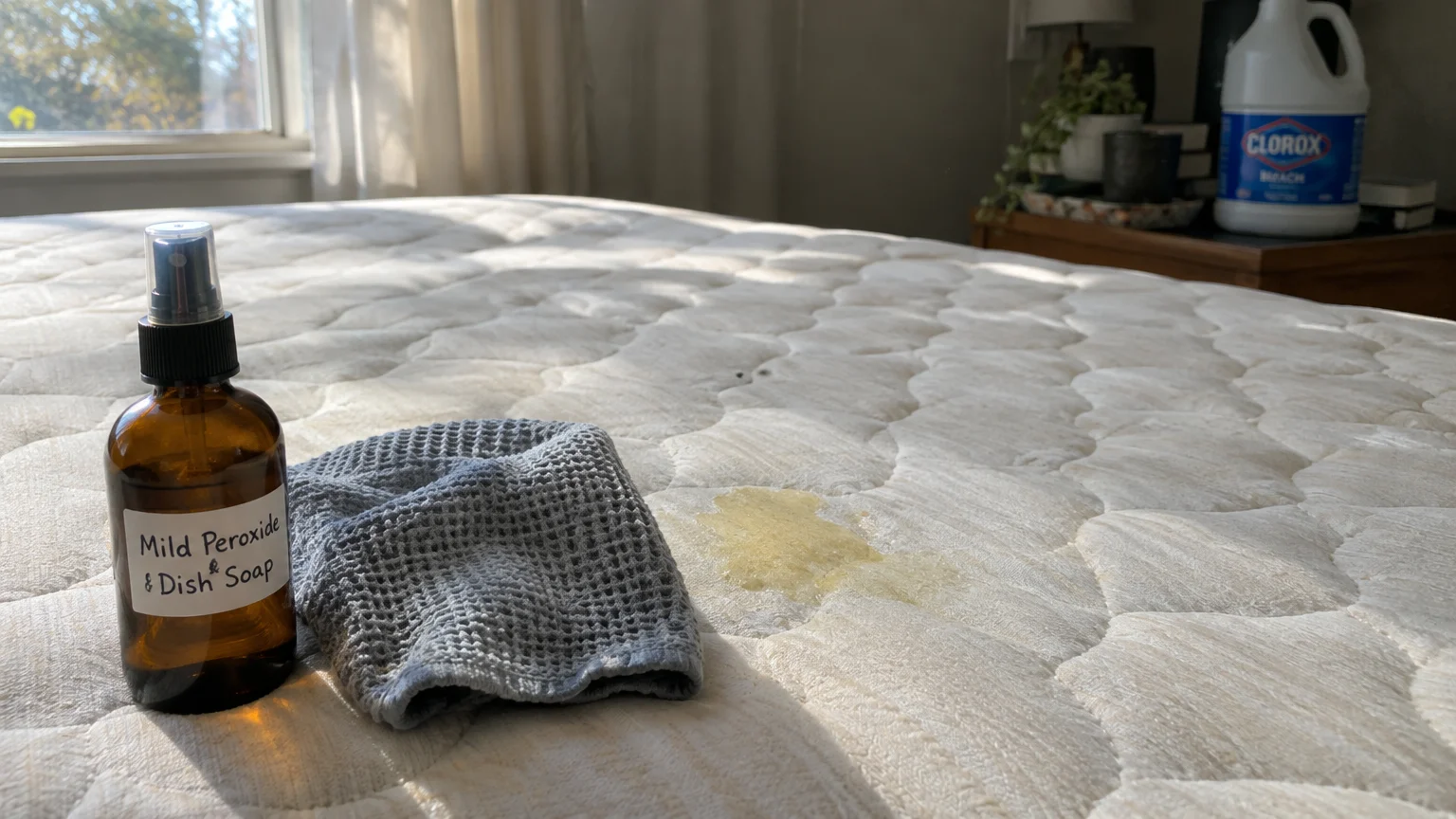 Spray bottle labeled mild peroxide and dish soap beside a cloth on a stained mattress, with bleach bottle in background.