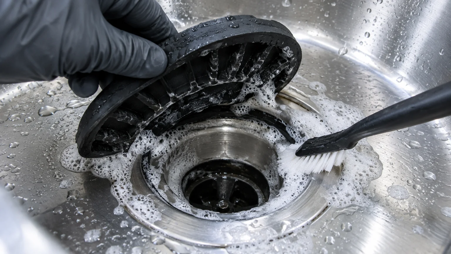 A gloved hand lifts a black rubber disposal splash guard while scrubbing soapy residue in a stainless steel sink drain.