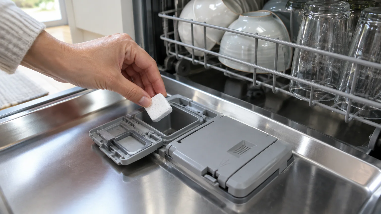 A person's hand placing a small white detergent tablet into the open dispenser cup of a dishwasher door.