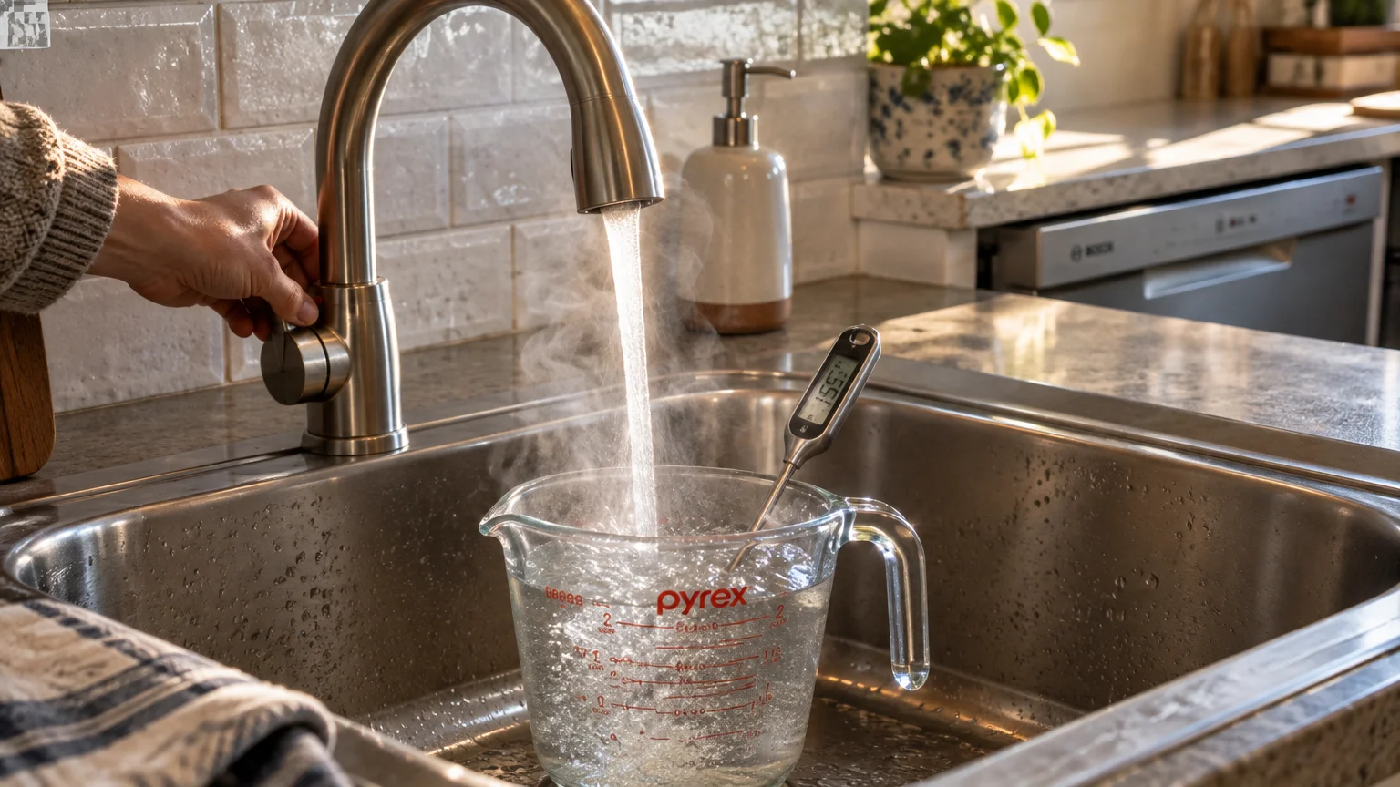 Steaming water pouring from a kitchen faucet into a glass measuring cup with a digital thermometer inside a sink.