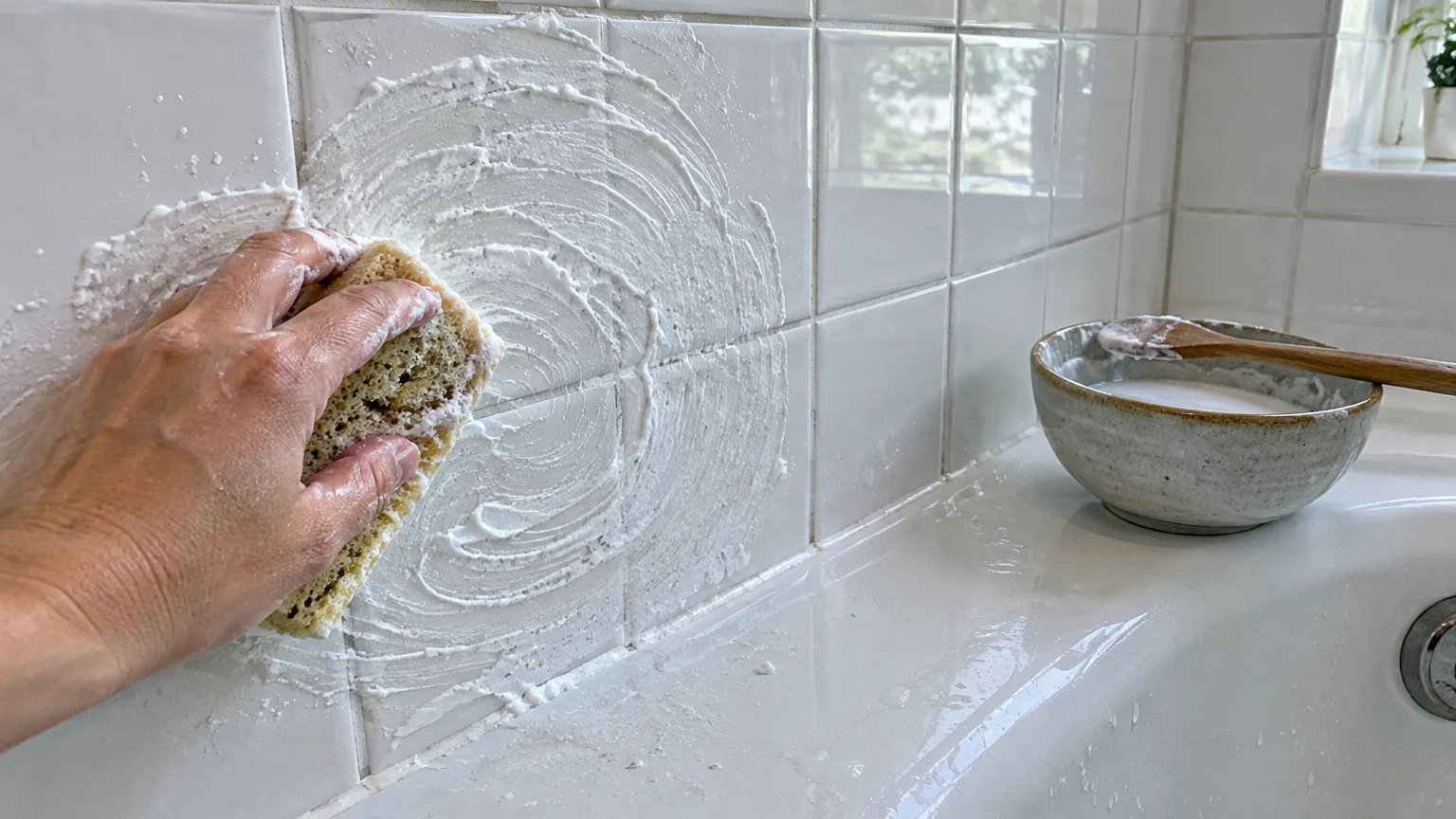 A hand scrubbing white bathroom wall tiles with a sponge and baking soda paste, next to a bowl with a wooden spoon.