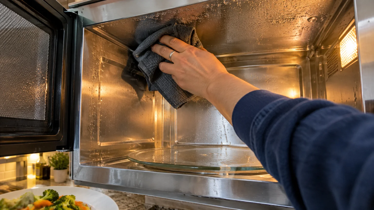 A hand wiping the steamy stainless steel ceiling of an open microwave with a gray cloth.