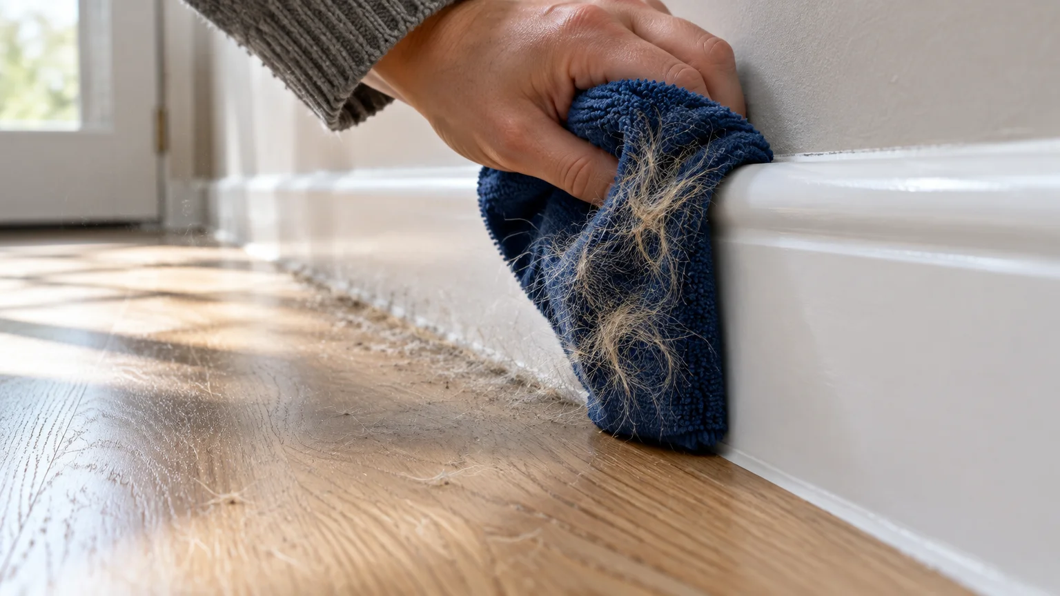 A hand wipes pet hair from a white painted baseboard along hardwood flooring using a blue microfiber cloth.