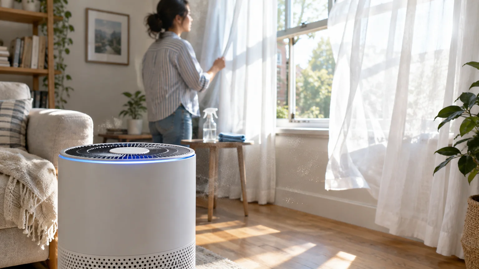 An air purifier running in a sunny living room while a woman opens a window draped in white curtains.