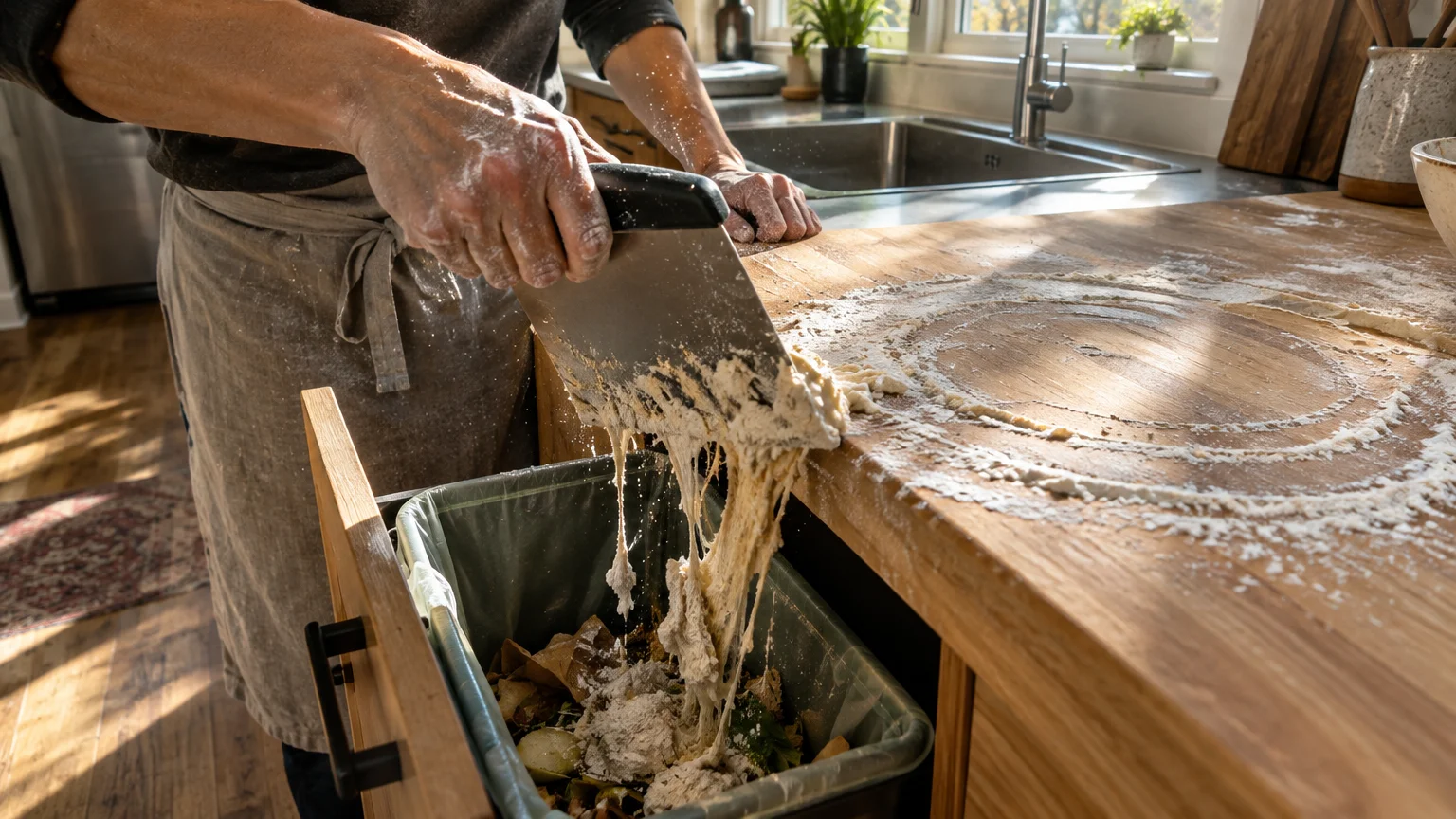 A person using a metal bench scraper to scrape sticky dough off a wooden countertop directly into a pull-out trash bin.
