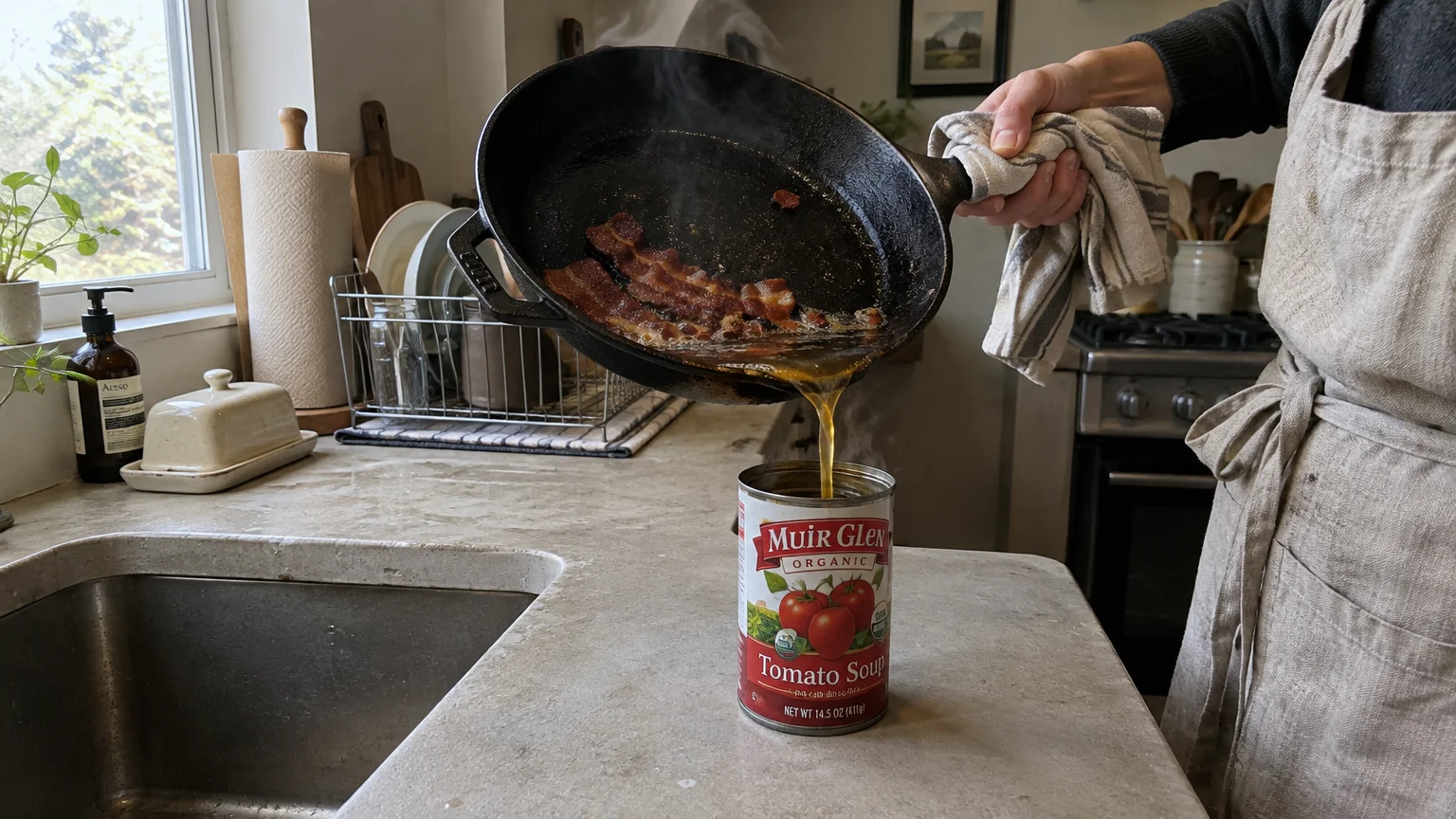 A person pouring hot bacon grease from a cast iron skillet into an empty soup can on a kitchen counter.