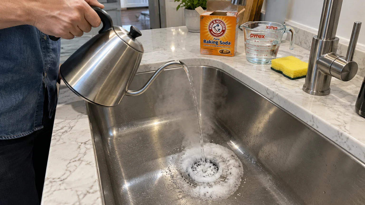 Steaming water pouring from a kettle into a stainless steel sink drain with baking soda bubbling around the opening.