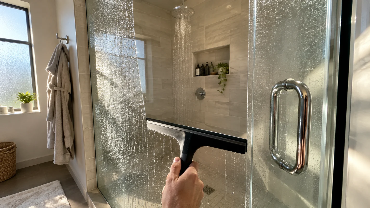 A person using a black squeegee to clear water droplets from a glass walk-in shower door.