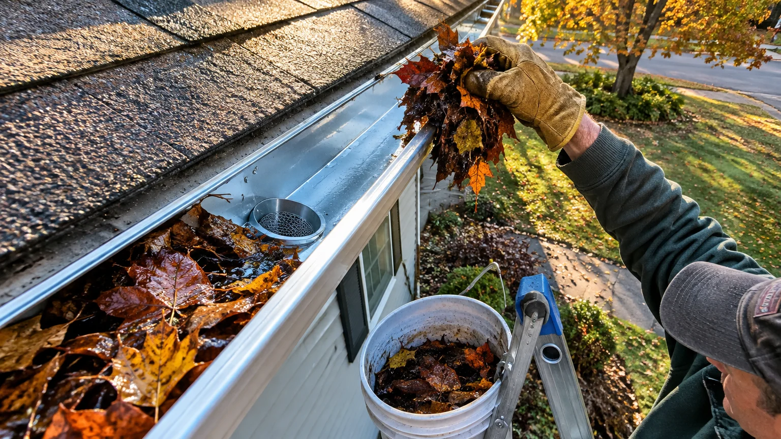 A gloved person on a ladder scooping wet autumn leaves out of a roof gutter into a white bucket.