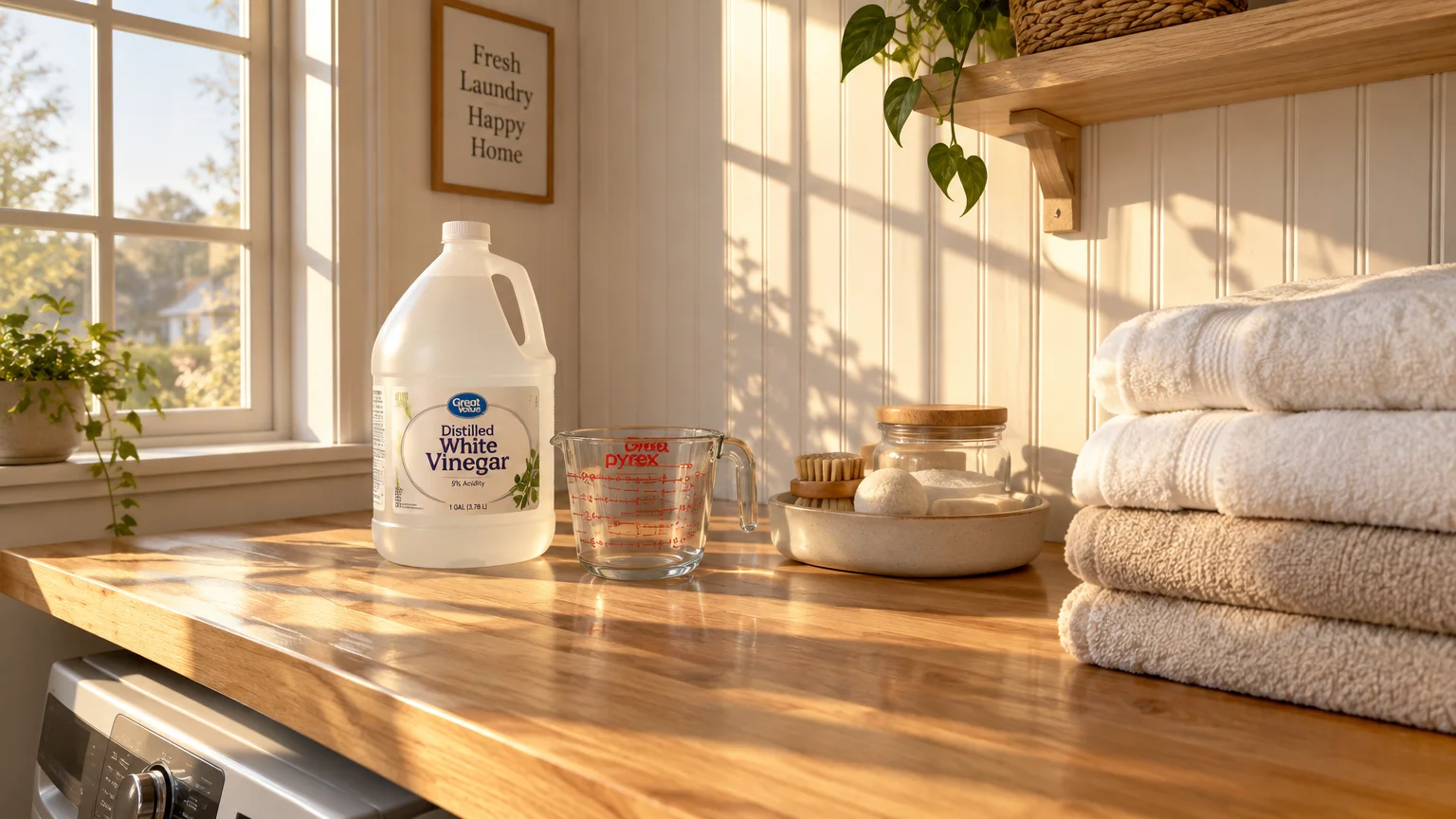 A jug of distilled white vinegar, measuring cup, cleaning supplies, and folded towels on a wooden laundry room counter.