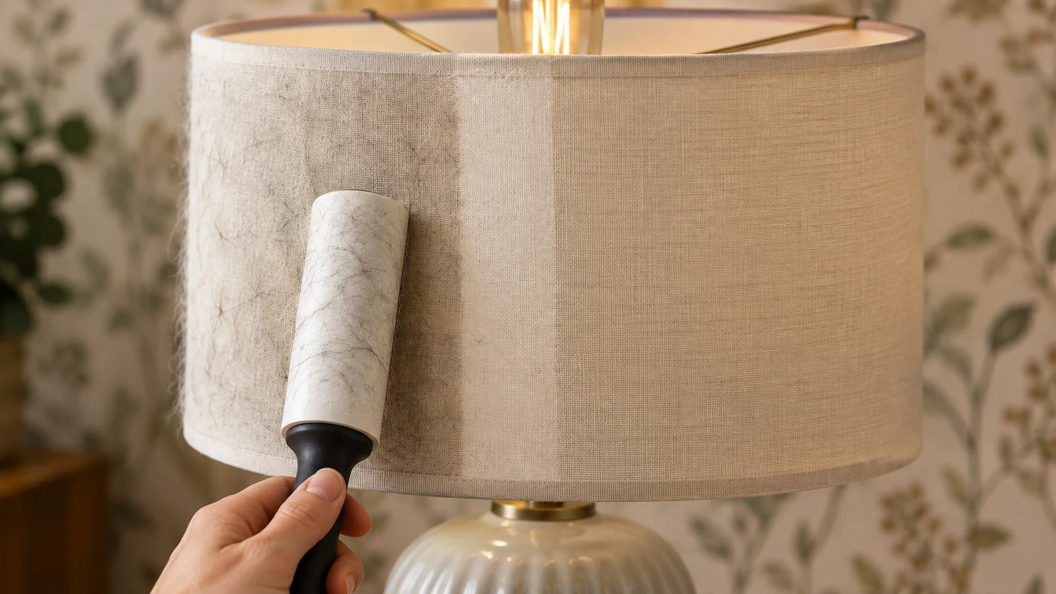 A hand rolling a lint roller over a beige fabric lampshade, removing visible pet hair from the surface.