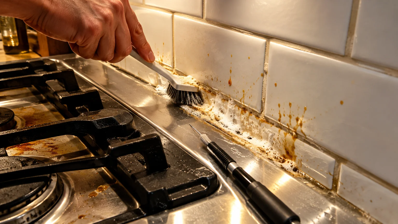 A person scrubs foamy cleaner into grime along the seam between a stainless steel stovetop and white tile wall.