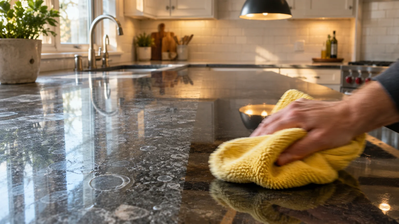 A hand wipes a dark granite kitchen counter with a yellow microfiber cloth, revealing a shiny surface beside water spots.