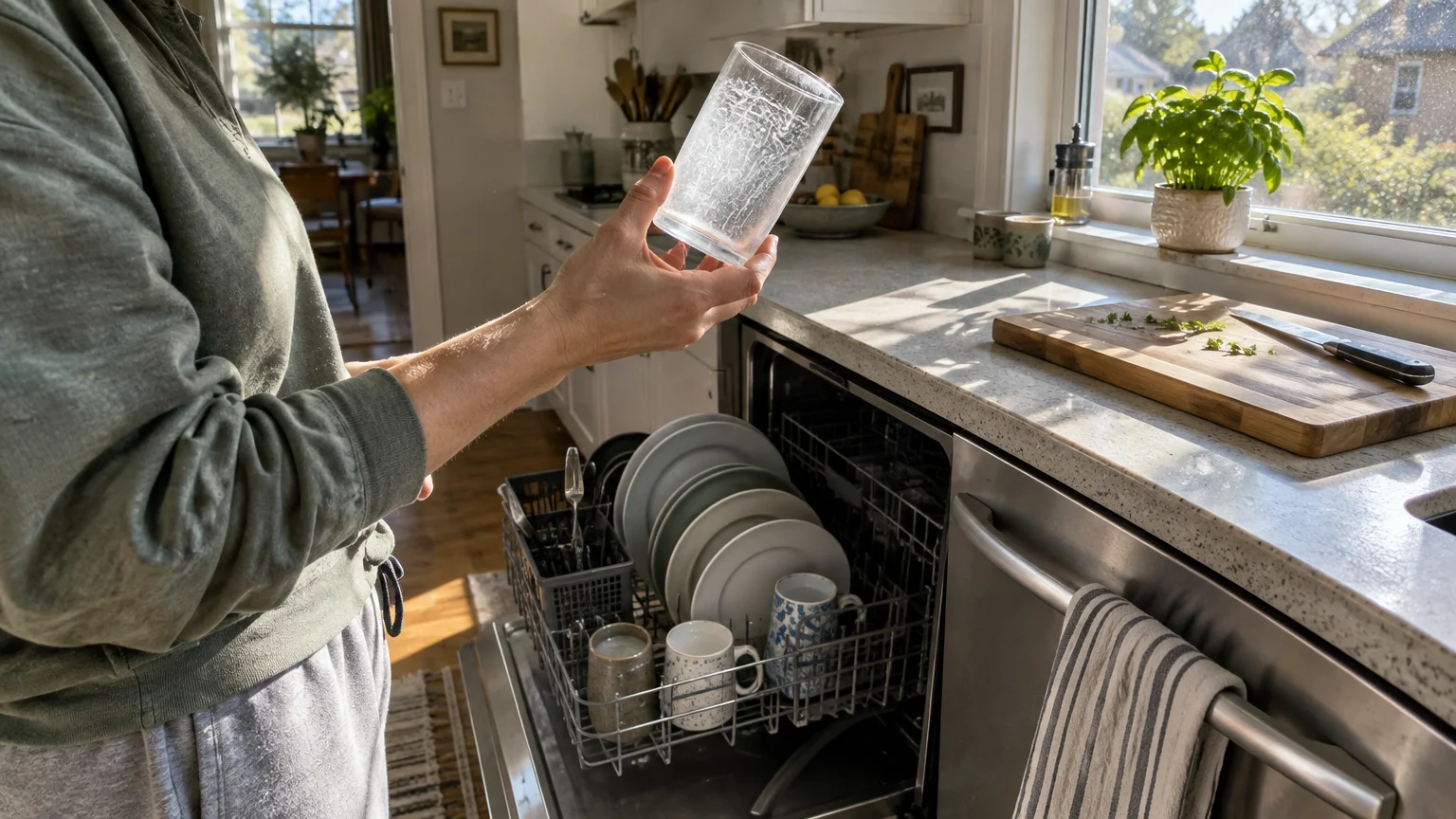 A person holds a cloudy, spotty drinking glass above an open dishwasher rack filled with dishes.