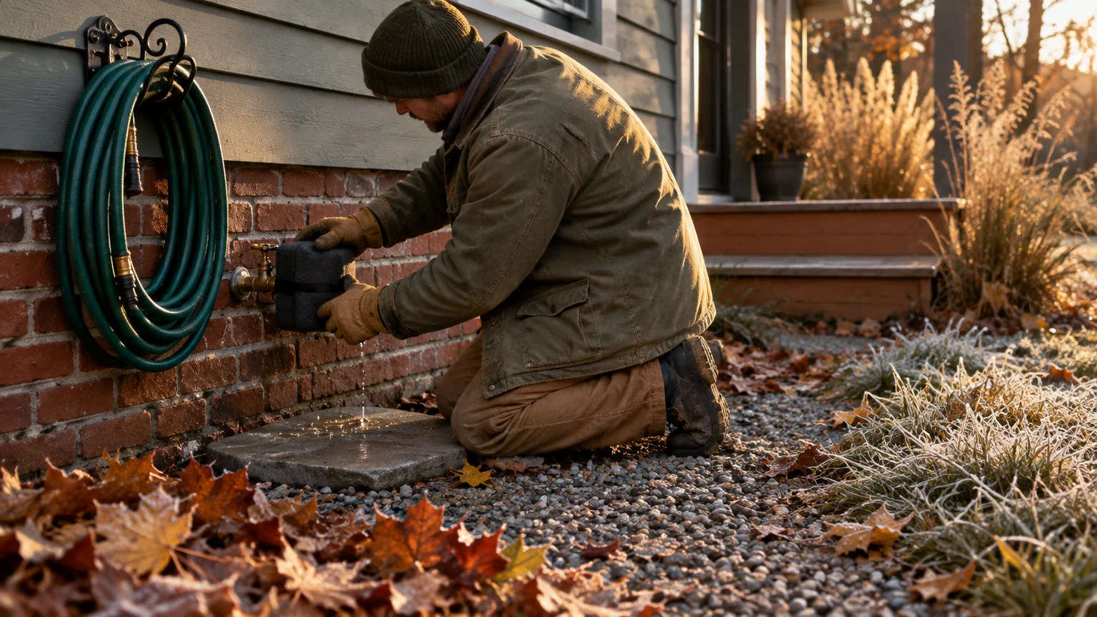 A man kneeling by an exterior brick wall installs an insulated cover over an outdoor water spigot on a frosty morning.