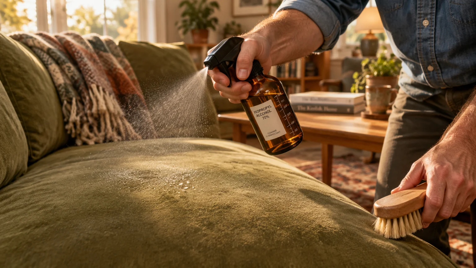 A person misting a green velvet sofa cushion with a spray bottle labeled isopropyl alcohol while holding a brush.