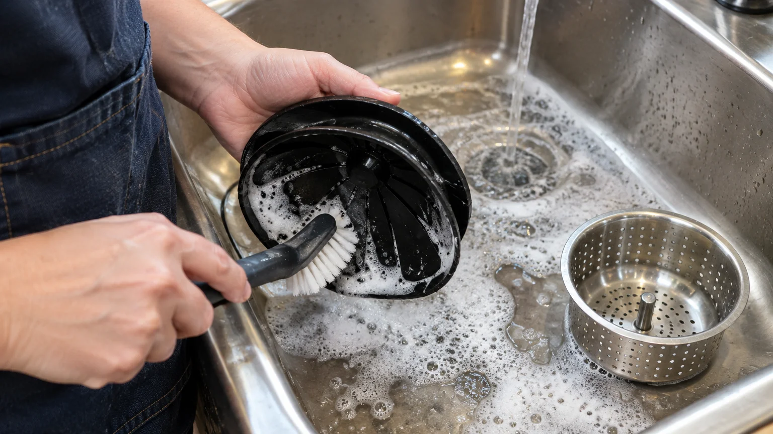 Hands scrubbing a soapy black rubber disposal baffle with a brush over a stainless steel kitchen sink.