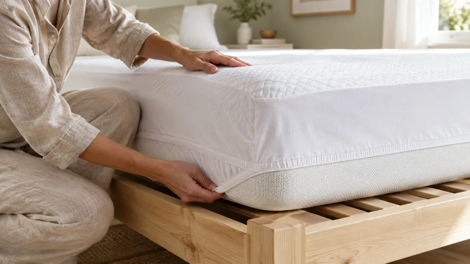 A person fitting a quilted white mattress protector over a mattress resting on a wooden slatted bed frame.