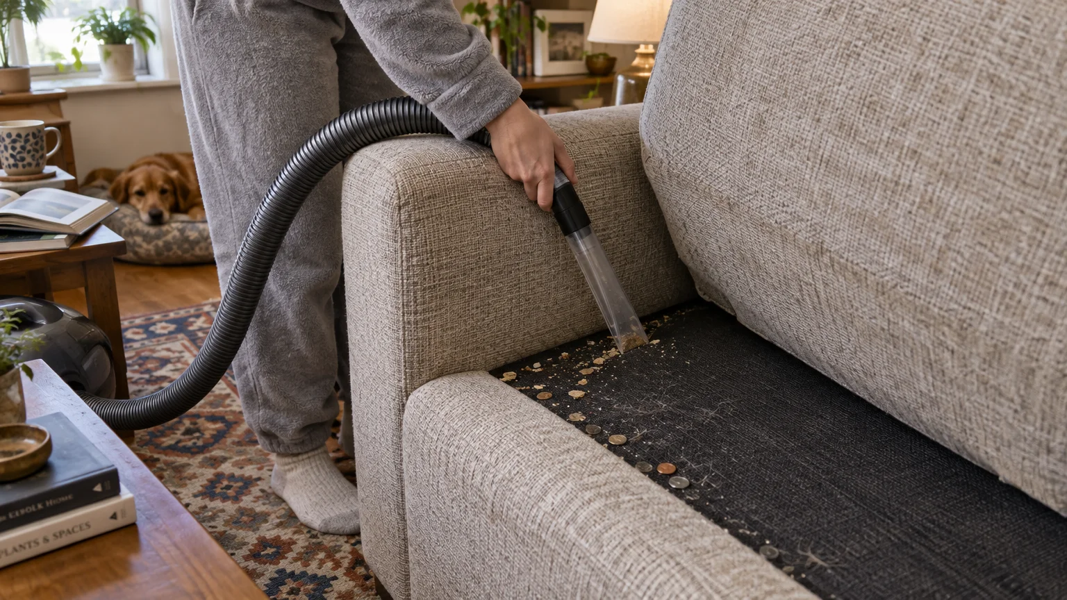 A person using a vacuum hose attachment to clean crumbs, hair, and coins beneath a lifted sofa cushion.