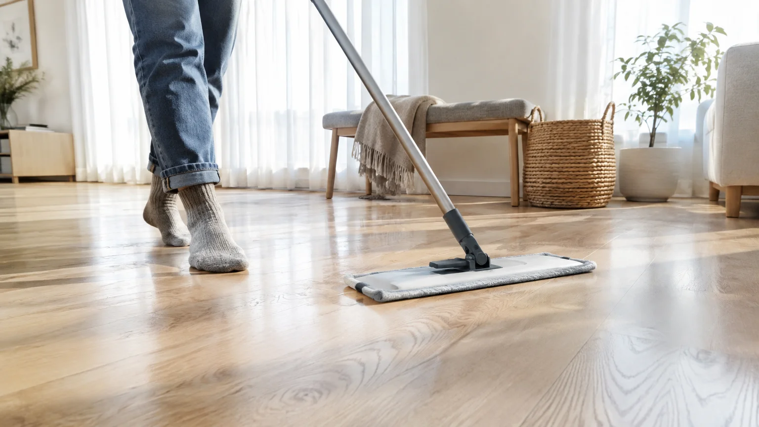 Person in jeans and socks using a flat microfiber mop on polished light wood flooring in a bright living room.