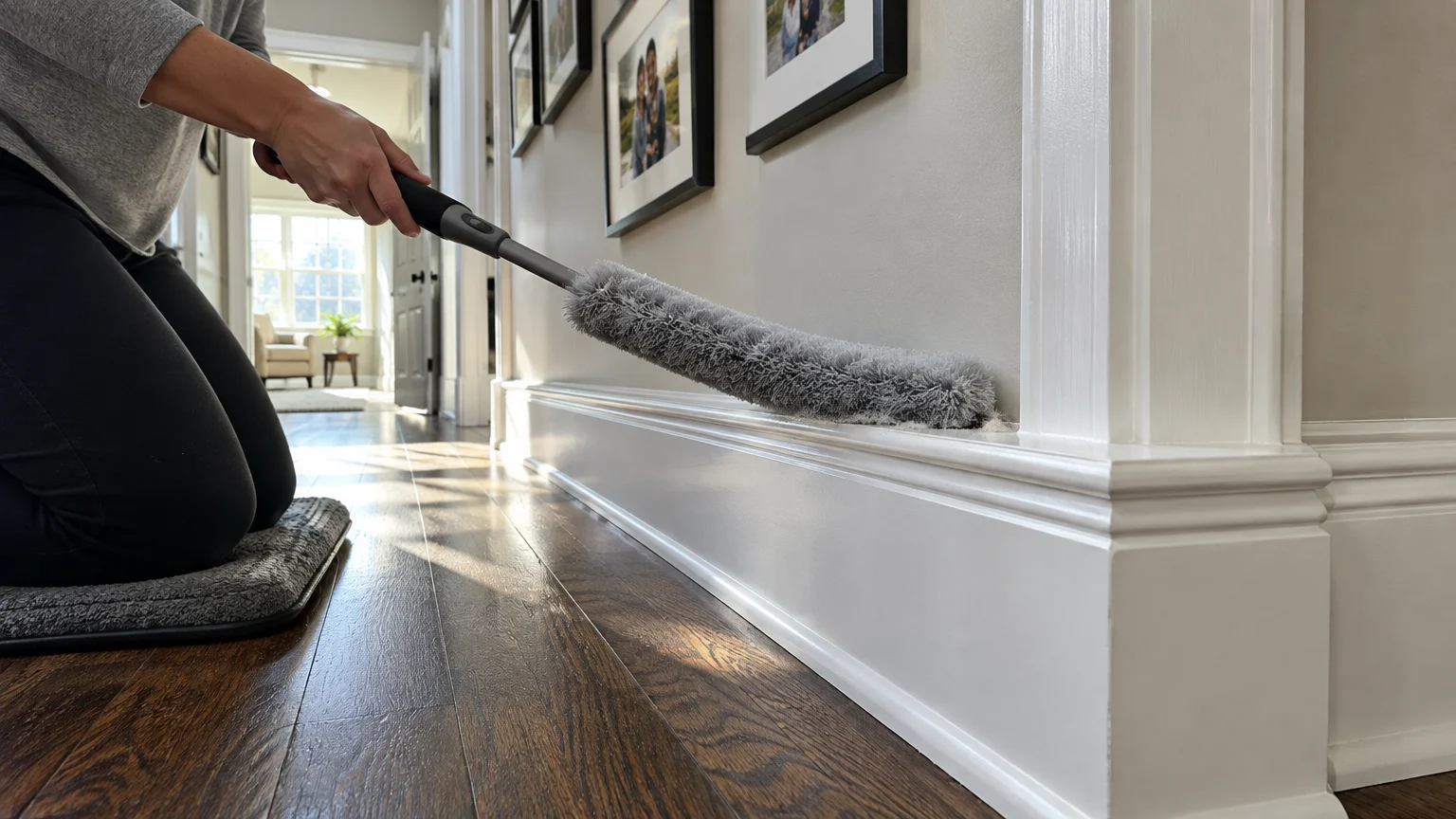Person kneeling on a mat in a hallway and running a gray microfiber wand along the top of white baseboard molding.