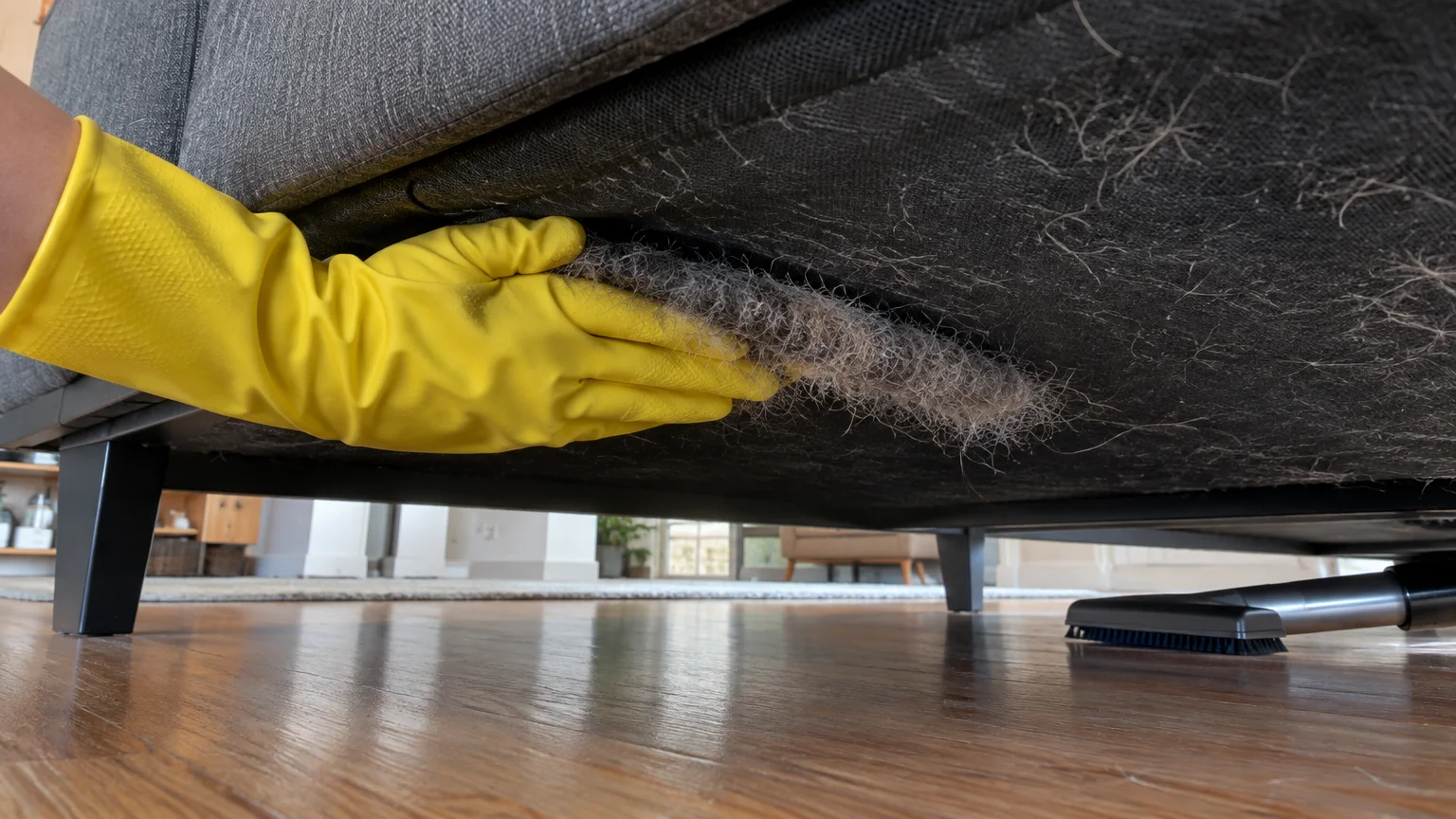 A hand in a yellow rubber glove wiping a thick strip of pet hair from the black underside fabric of a sofa.