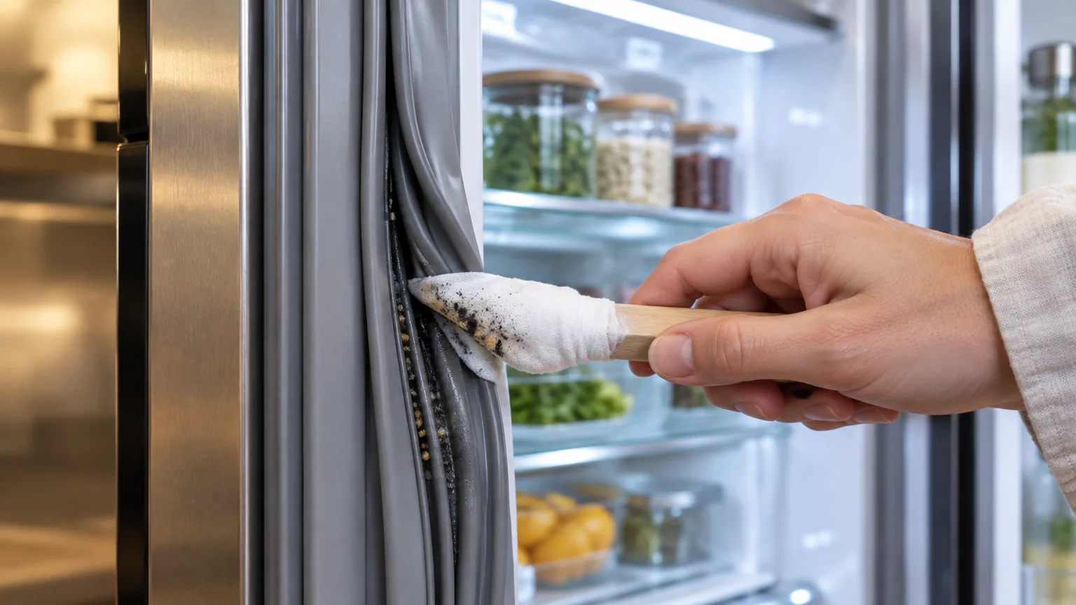A person using a cloth-wrapped tool to wipe dirty, moldy buildup from inside a refrigerator door gasket.