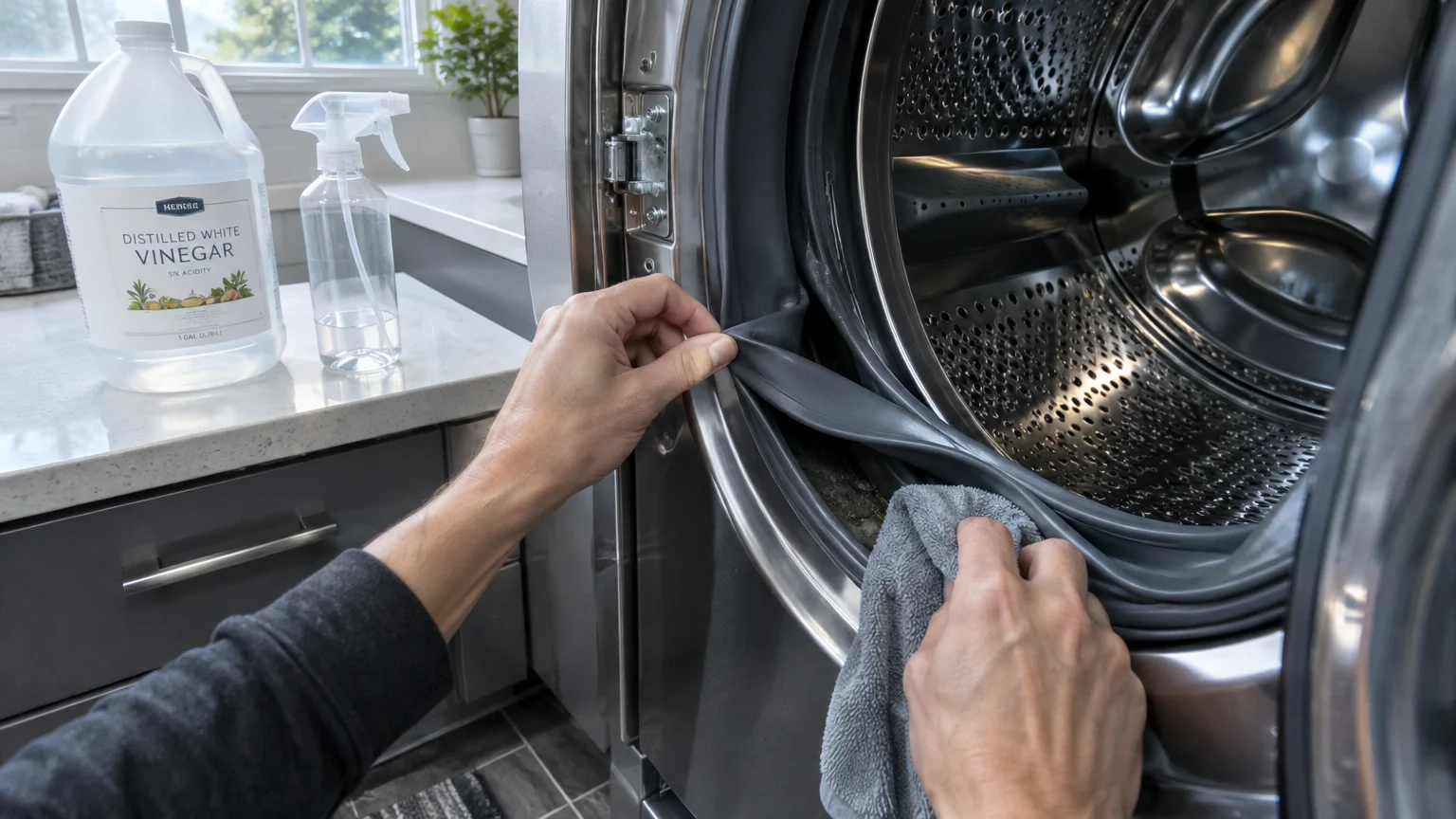 Hands pulling back and wiping a front-load washing machine rubber door gasket with a cloth beside a jug of white vinegar.