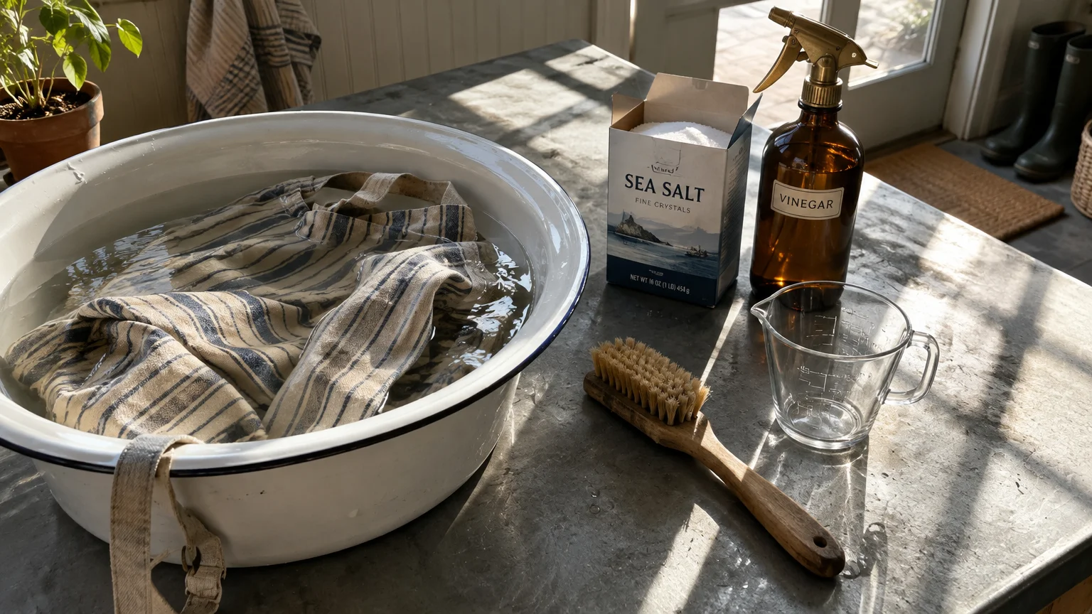 Striped cloth soaking in a white basin next to a vinegar spray bottle, box of sea salt, scrub brush, and measuring cup.