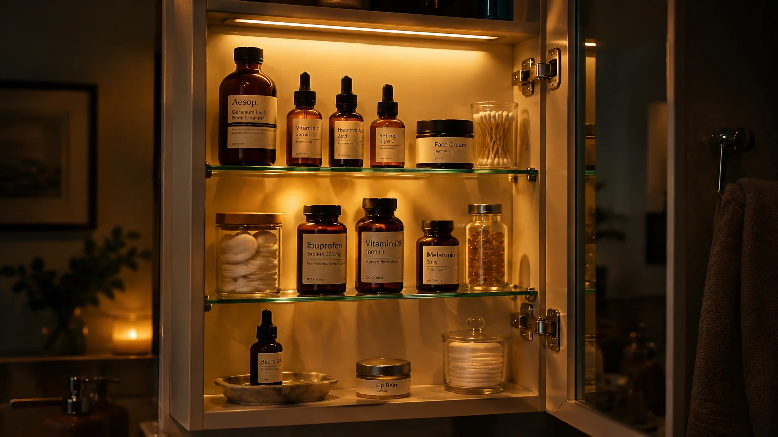 Medicine cabinet illuminated by an interior warm light strip above glass shelves lined with amber bottles and toiletries.