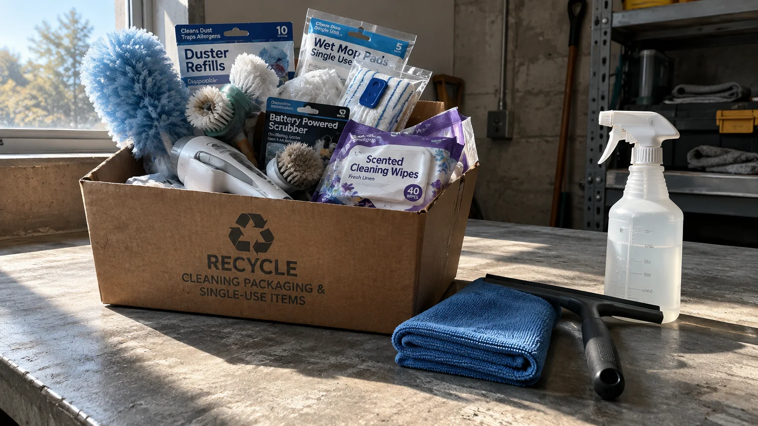 Cardboard box of disposable cleaning supplies next to a microfiber cloth, squeegee, and spray bottle on a concrete table.