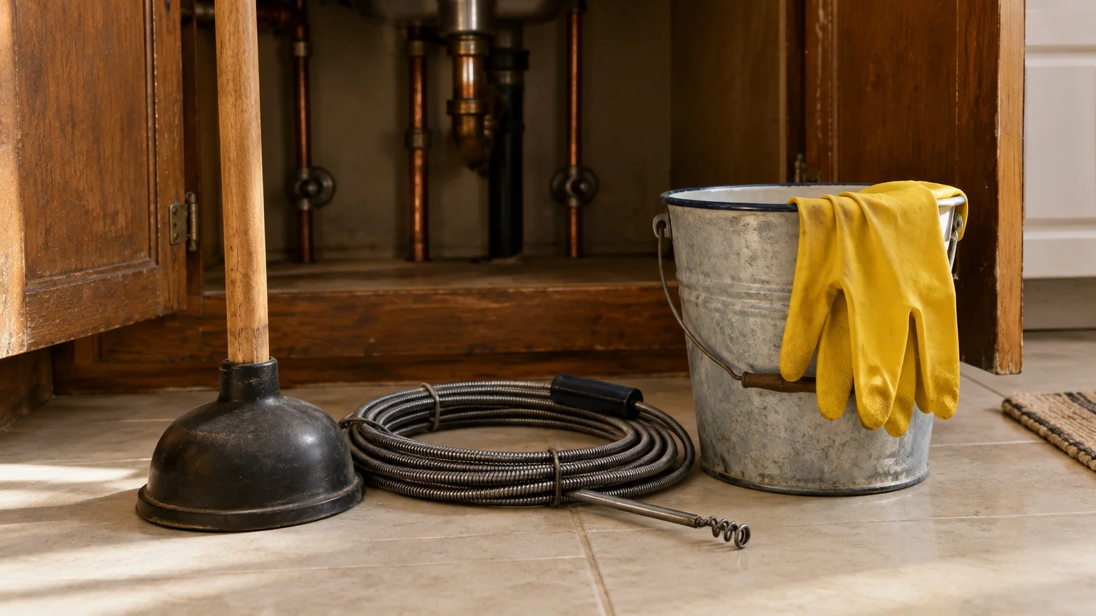 A plunger, coiled drain snake, and metal bucket with yellow rubber gloves sitting before an open under-sink cabinet.