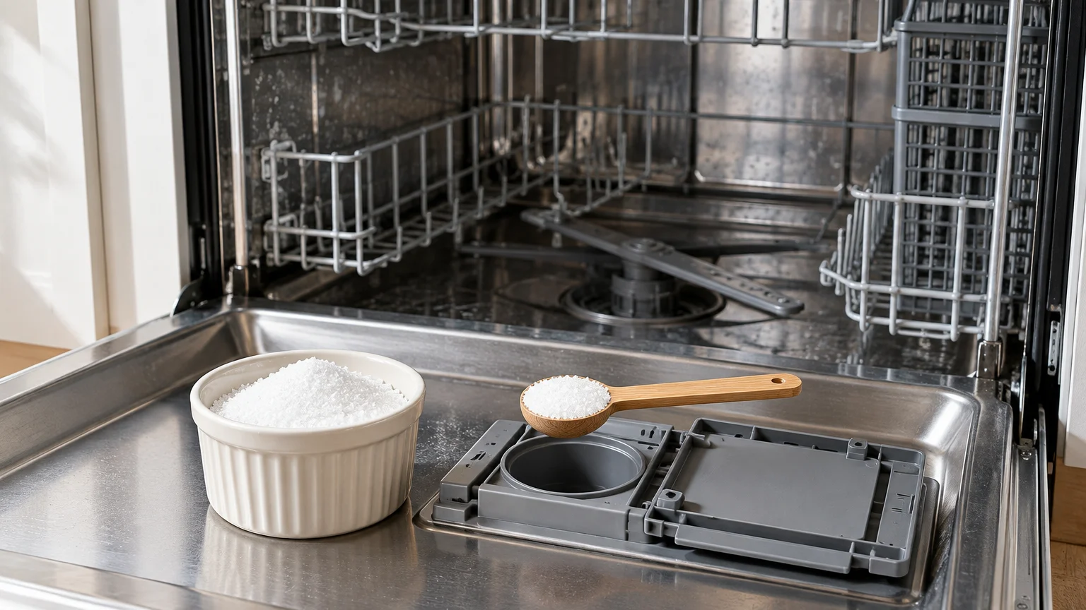 A bowl and wooden scoop of white crystals rest on an open dishwasher door beside the detergent dispenser.