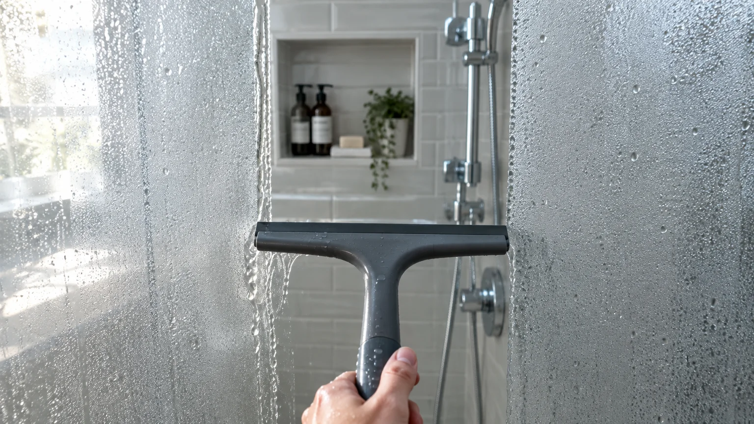 Hand wiping a wet glass shower door with a gray squeegee, clearing water droplets to reveal white subway tile.