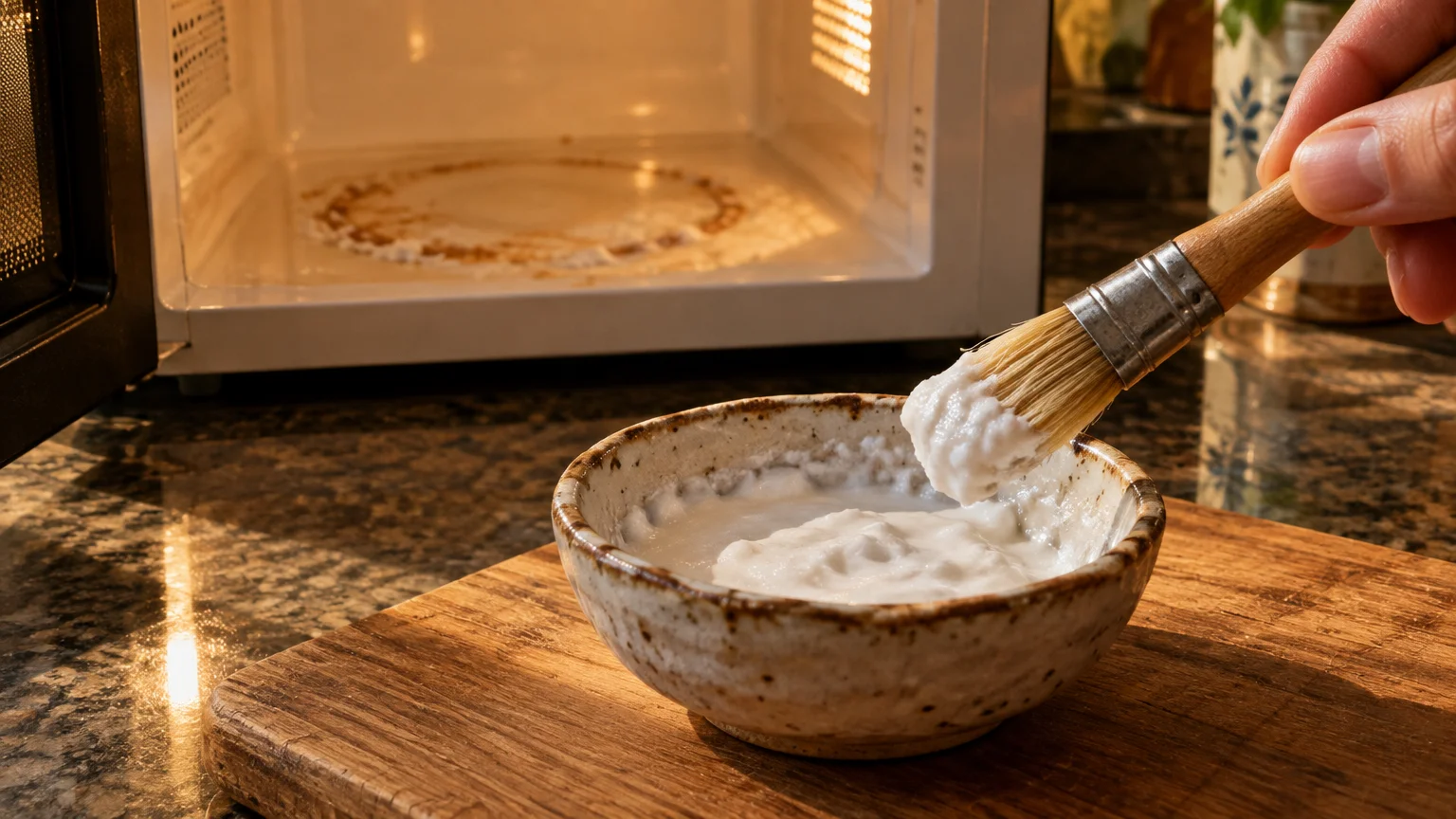 A brush dipped into a white paste in a small bowl sits on a wooden board before an open microwave with a stained interior.