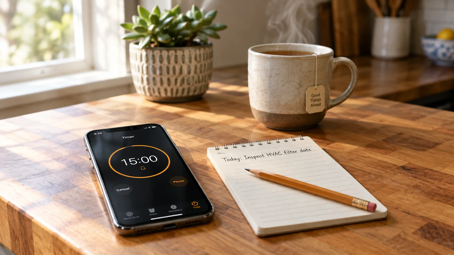 A smartphone displaying a fifteen-minute timer sits on a wooden counter beside a notepad, pencil, and steaming mug of tea.