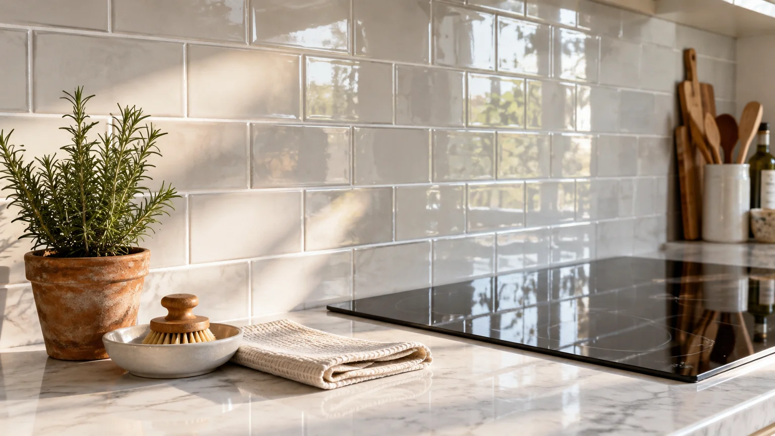Glossy white subway tile backsplash behind a black stovetop, with a potted plant, dish brush, and cloth on the counter.