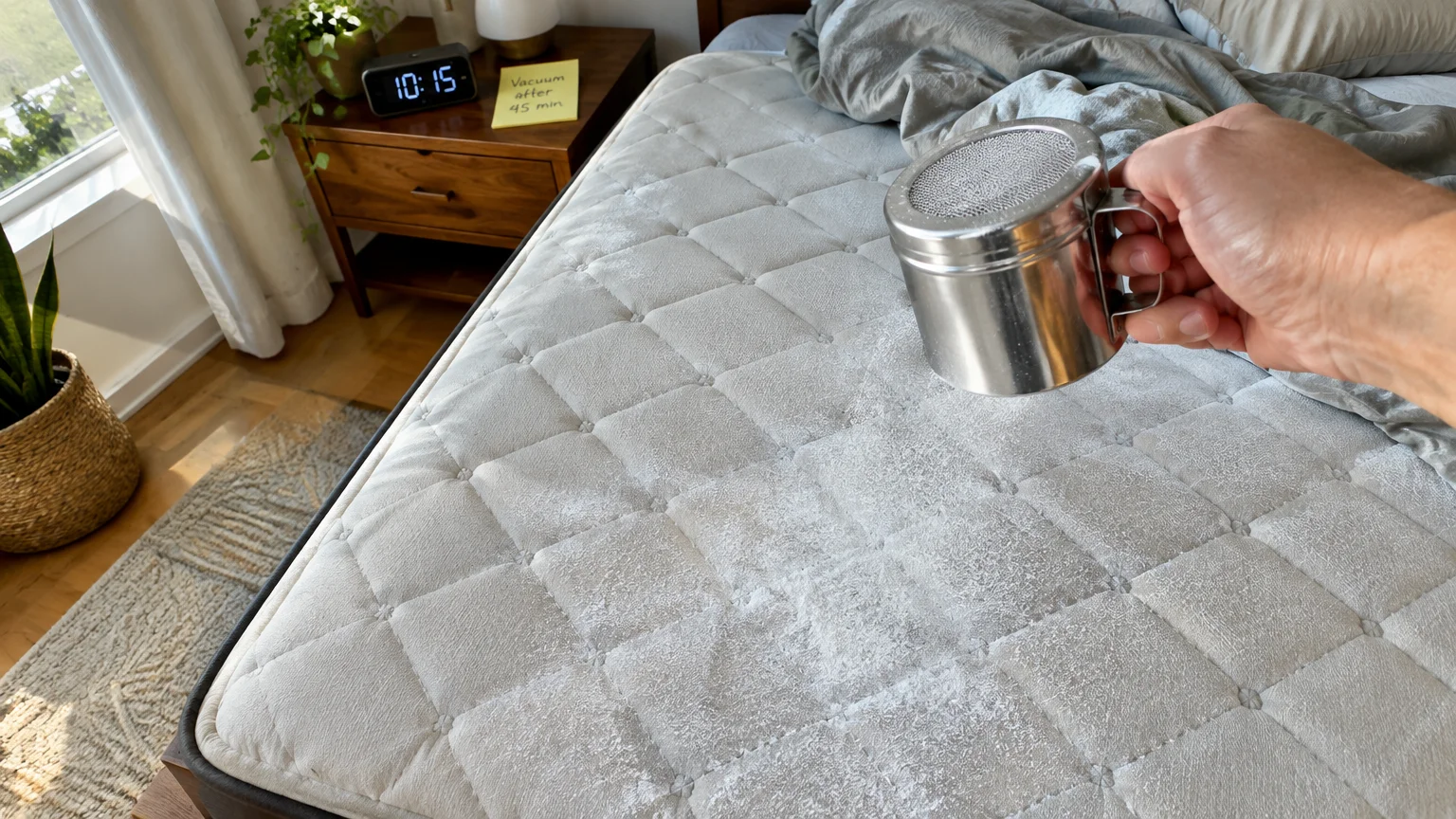 A hand sprinkles white baking soda powder from a metal shaker onto a quilted mattress beside a nightstand note.