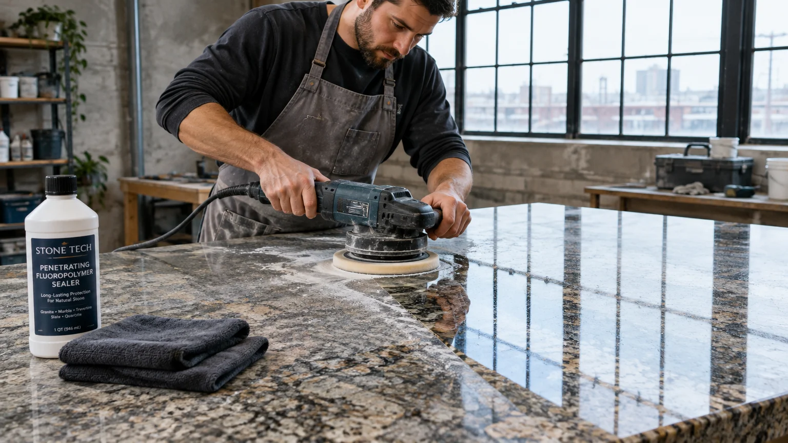 A man in an apron buffs a granite countertop with a rotary polisher beside a bottle of stone sealer and a cloth.