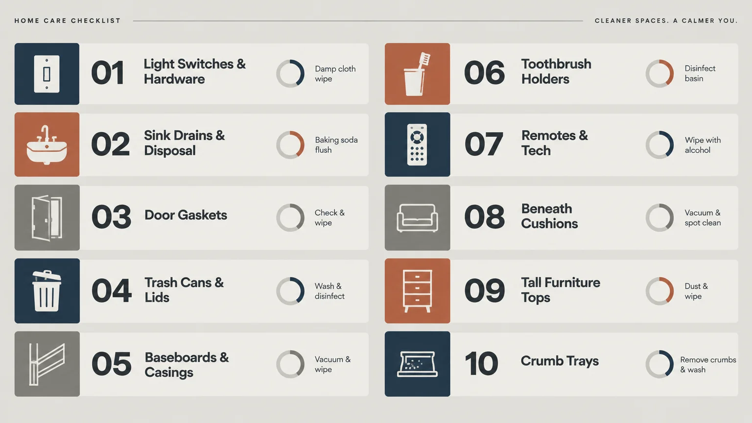 A numbered home care checklist listing ten weekly cleaning tasks with icons, titles, and short instructions.
