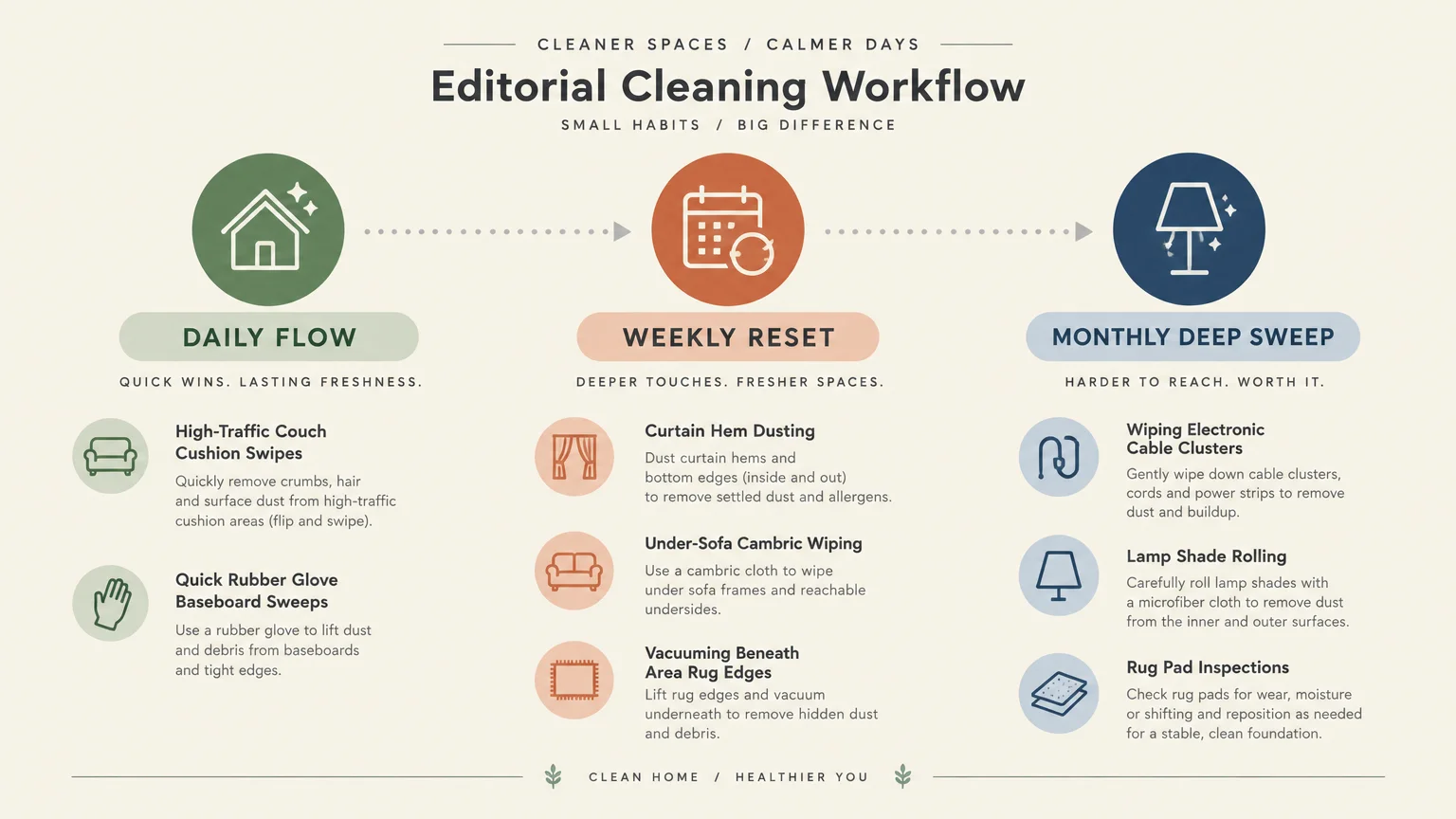 Cleaning workflow diagram with three columns labeled Daily Flow, Weekly Reset, and Monthly Deep Sweep.