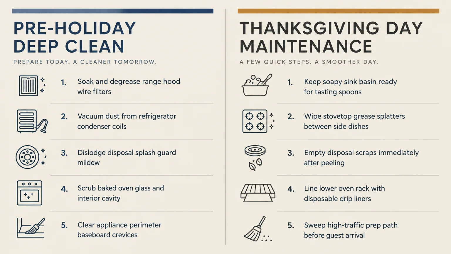 A comparison infographic listing five pre-holiday deep clean tasks next to five Thanksgiving Day maintenance steps with icons.