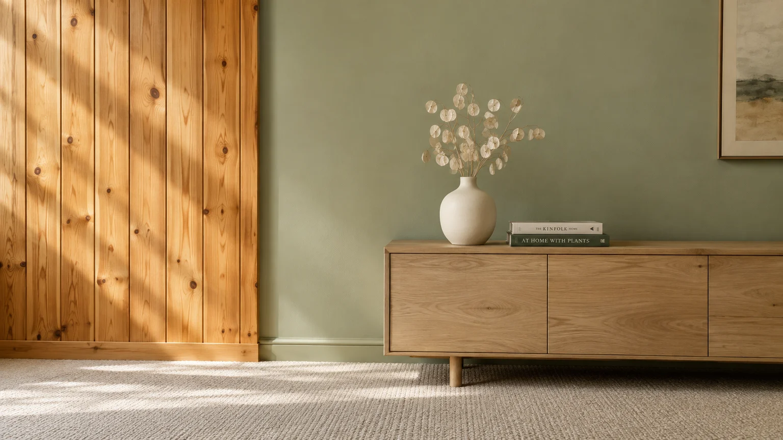 Wooden sideboard beside vertical wood paneling against an olive green wall with dried lunaria in a vase.