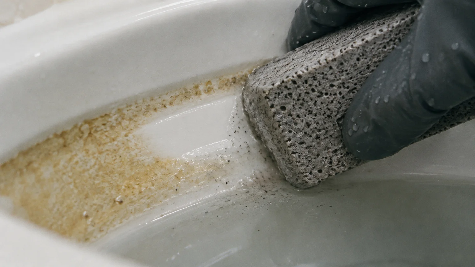 A gloved hand scrubs a brown mineral deposit ring inside a white porcelain toilet bowl with a wet pumice stone.
