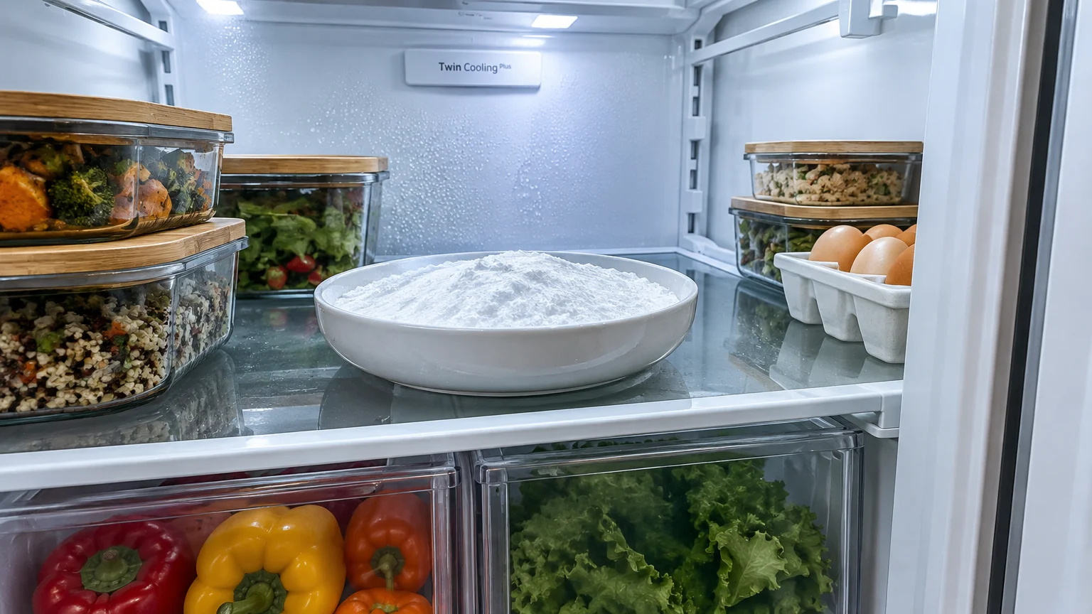 A white shallow bowl filled with baking soda sits on a refrigerator shelf surrounded by glass food storage containers.