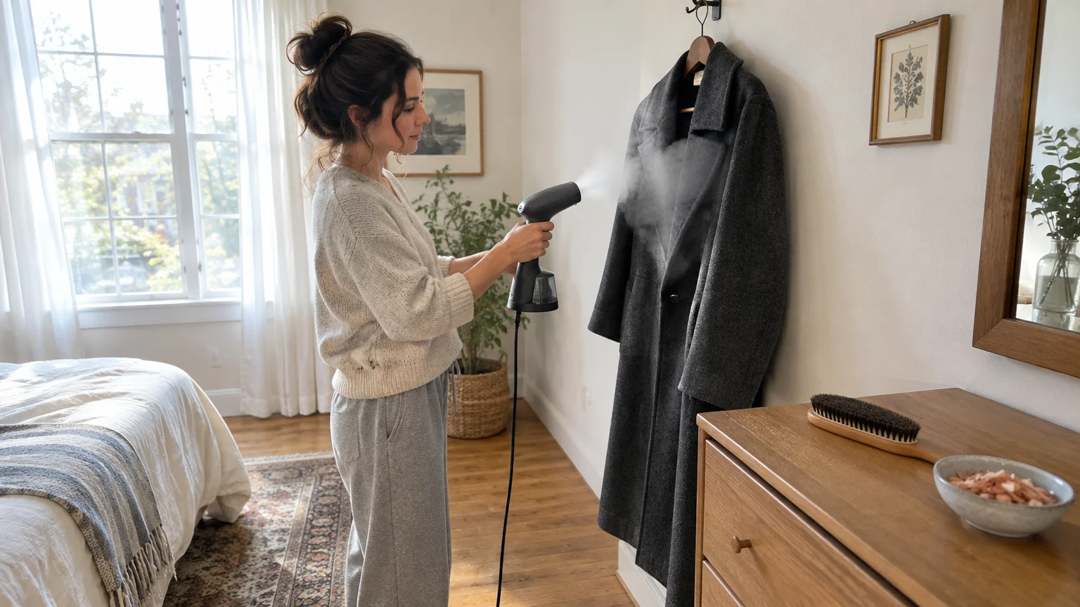 A woman uses a handheld garment steamer on a dark wool coat hanging on a wall next to a clothes brush.