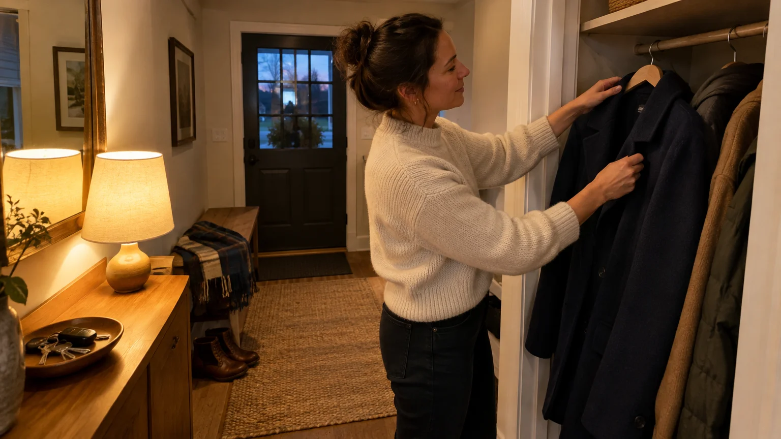 A woman hanging a dark wool coat on a wooden hanger inside an entryway closet in a warm hallway.