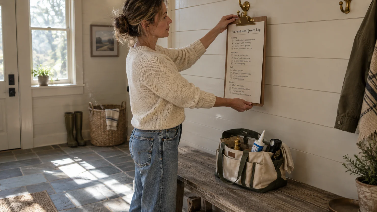 Woman hanging a seasonal home upkeep checklist on a wooden clipboard above a tool bag on an entryway bench.