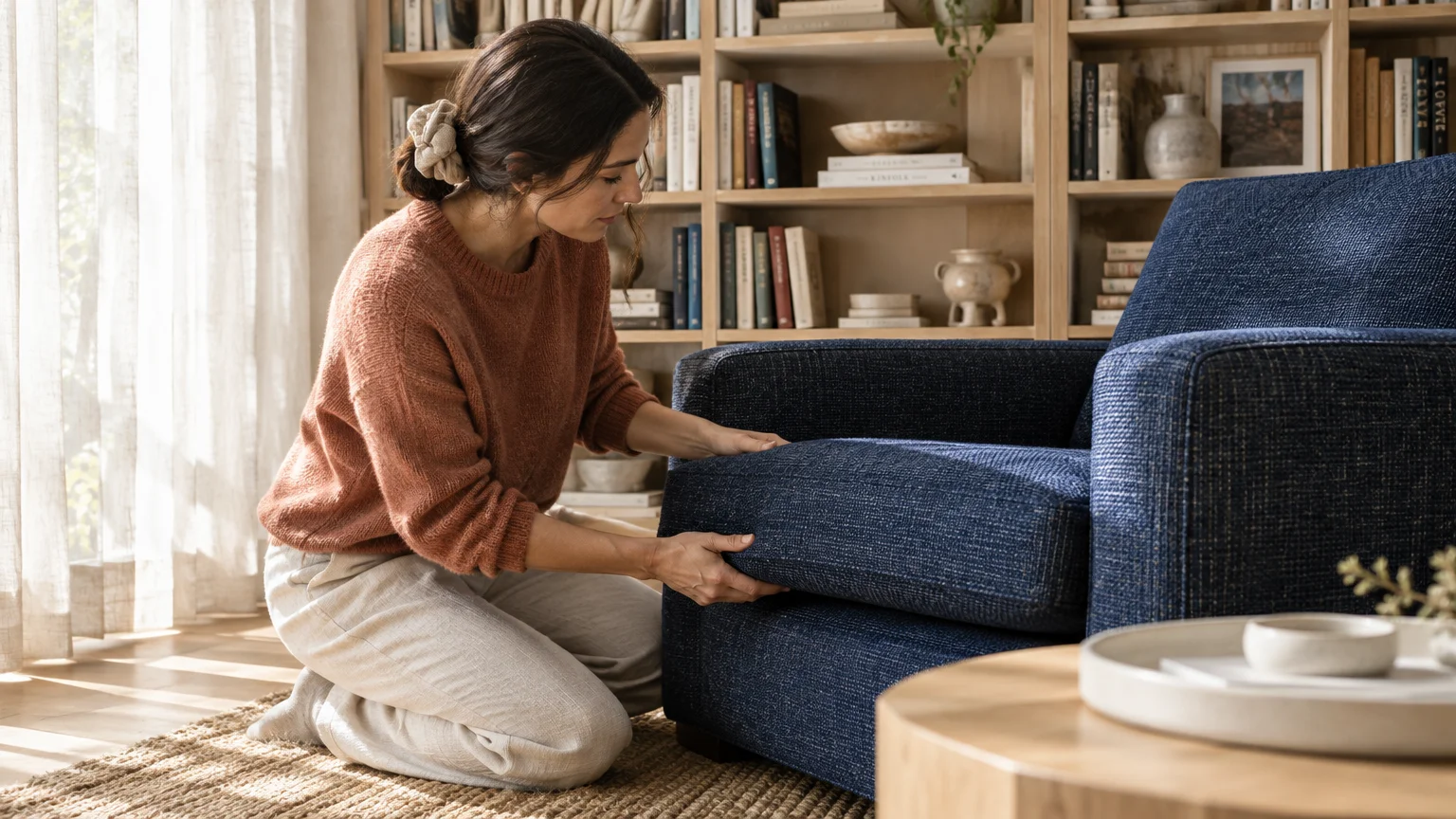 A woman kneels beside a blue armchair, adjusting the fabric seat cushion in a sunlit living room with bookshelves.