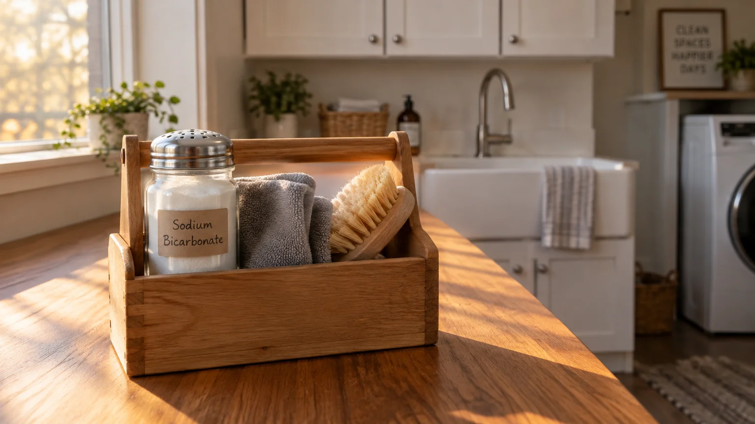 Wooden caddy holding a glass shaker labeled Sodium Bicarbonate, a gray towel, and a wooden scrub brush in a sunlit kitchen.